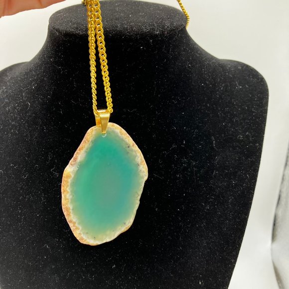 NEW Agate Gemstone Raw Edge AQUA Colored Gemstone + 20 in Golden Stainless Chain - Picture 4 of 12